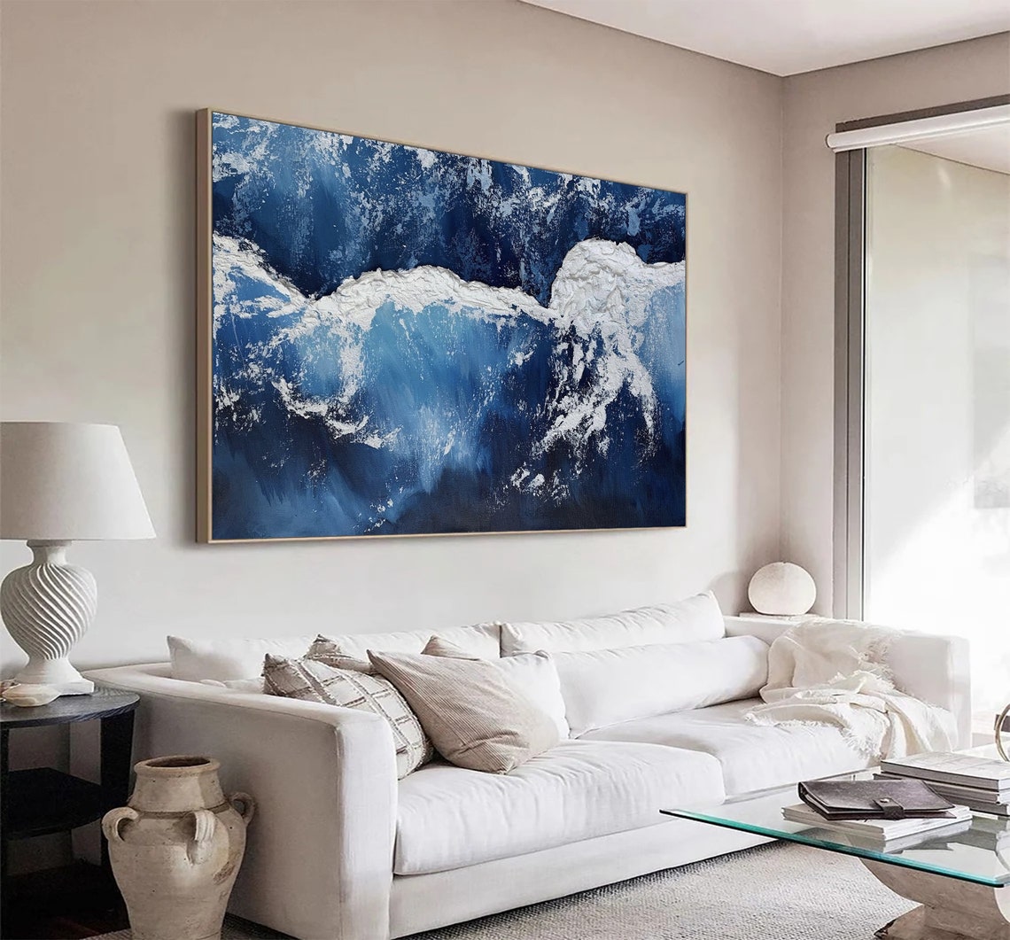 Deep Blue Ocean White Foam Crashing Waves Impasto Textured Poster - Image 2