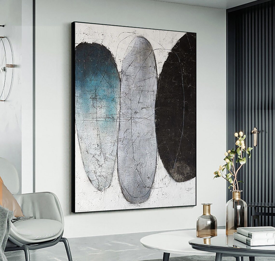 Teal Gray Black Overlapping Oval Abstract Minimalist Painting Poster - Image 3
