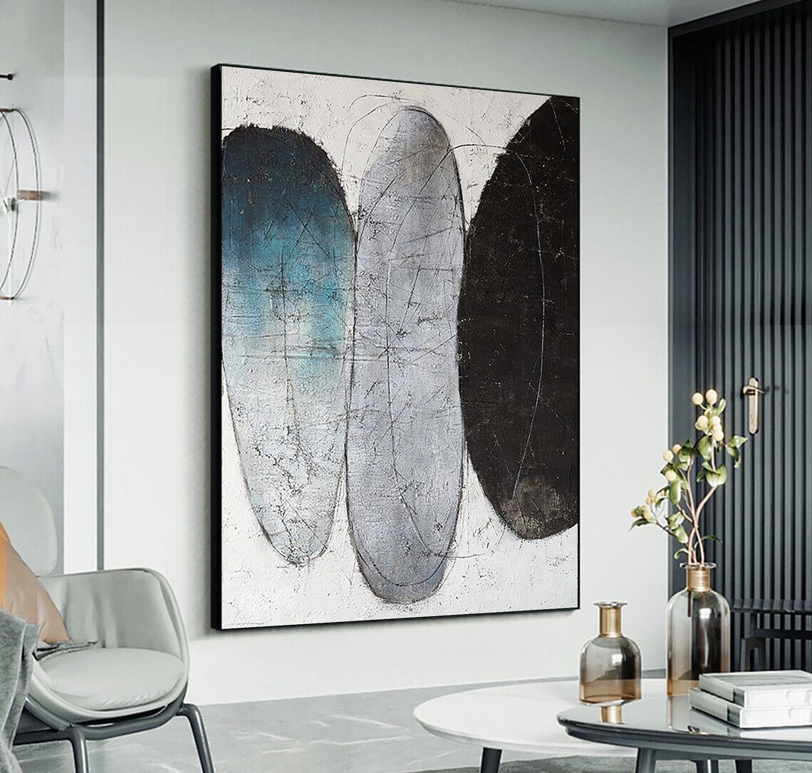 Wabi Sabi Wall Art Minimalist Abstract Painting On Wall Decor Textured Wall Art Hand Oil Painting Black White Gray Painting - Image 3