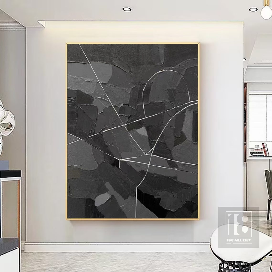 Charcoal Black Textured Abstract Painting With White Line Veins Poster - Image 3