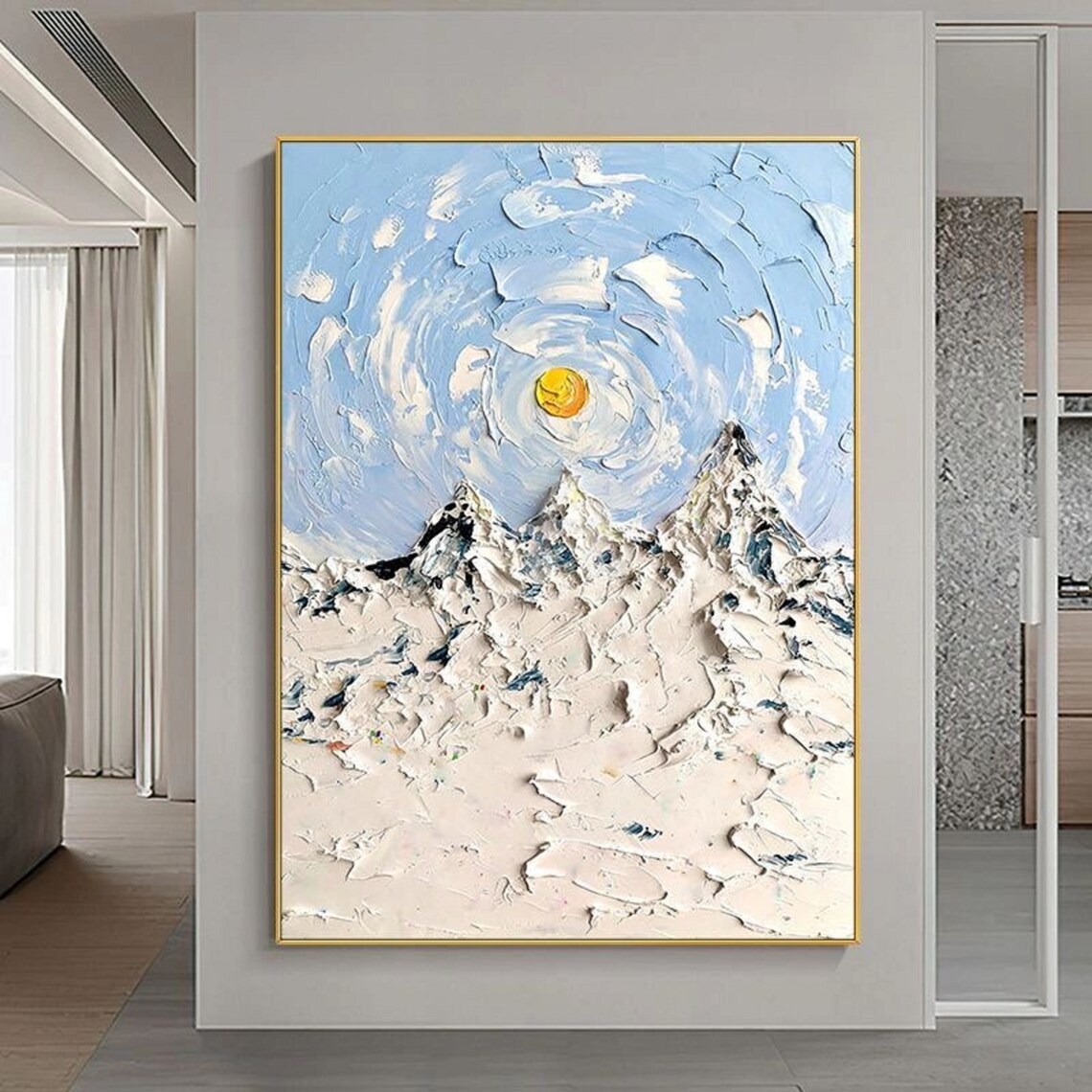 Snow Mountain Yellow Sun Impasto Blue Sky Winter Landscape Art Poster