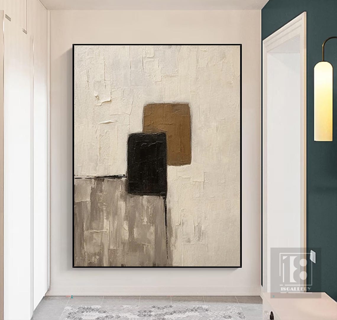Overlapping Black and Gold Geometric Blocks on Cream Art Poster - Image 2