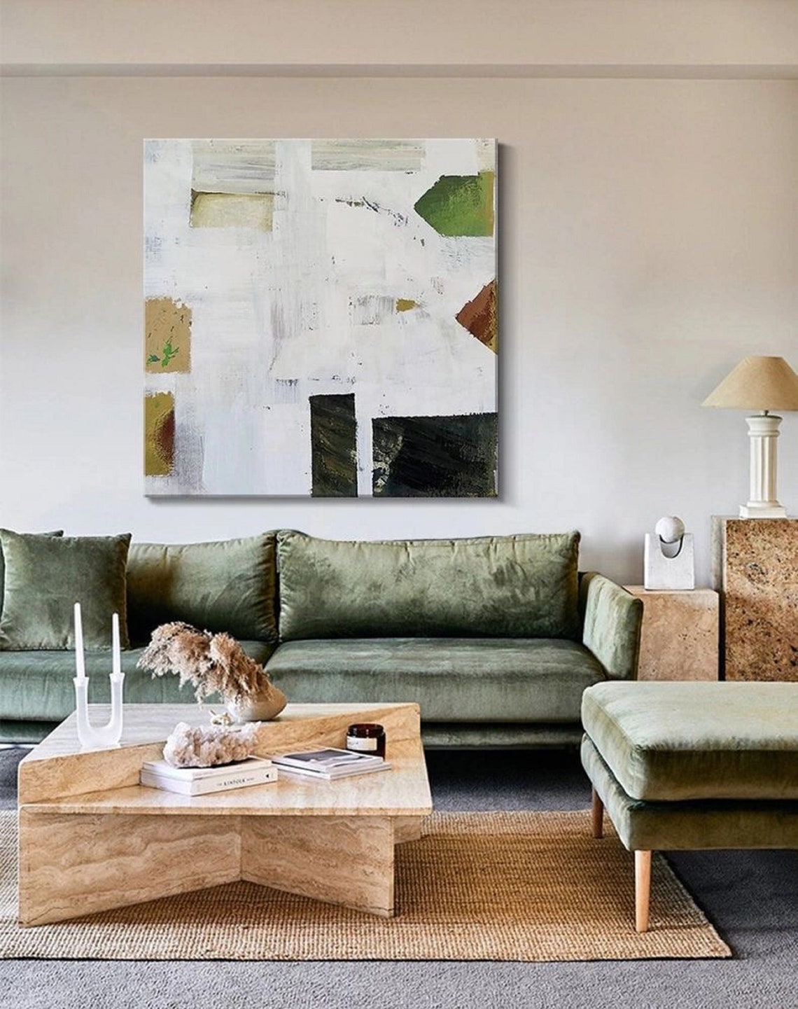 White Collage With Green Black Rust Blocks Abstract Art Poster - Image 2