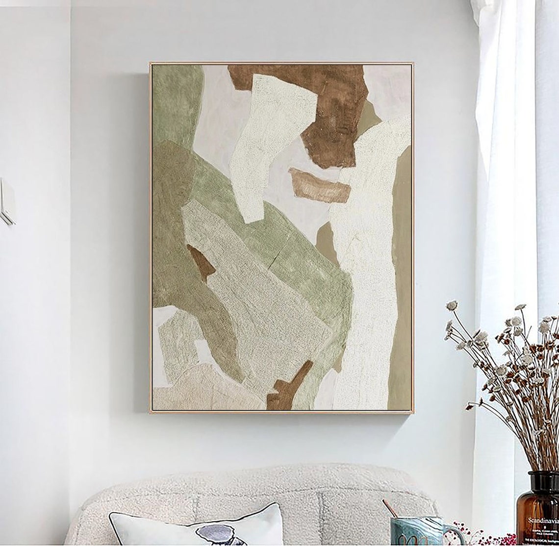 Abstract Sage Green Cream and Brown Patchwork Shape Painting Poster - Image 3