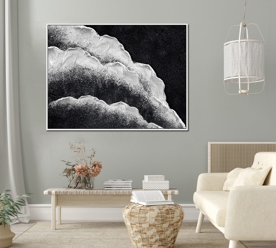 Black and White Aerial Ocean Waves Foam Dramatic Abstract Art Poster - Image 3