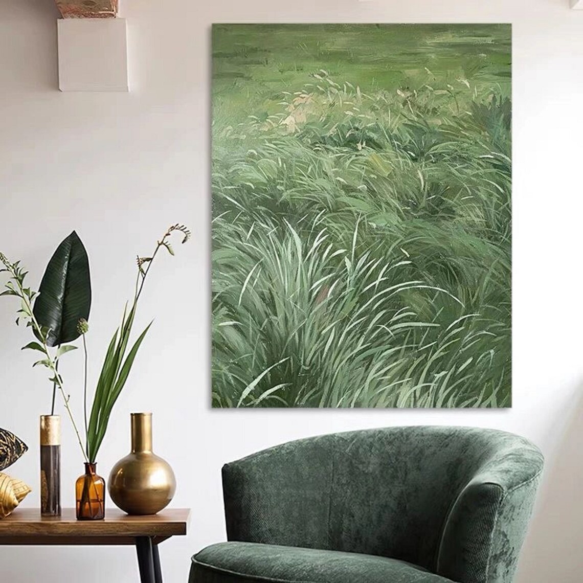 Green Grass Blades Abstract Nature Textured Meadow Painting Poster - Image 4