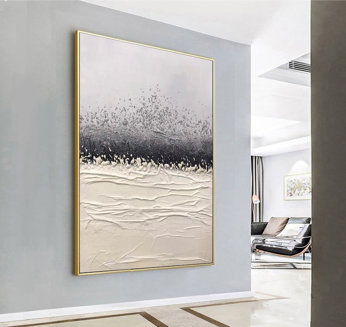 Stormy Black Band Over White Waves Textured Abstract Neutral Poster - Image 5