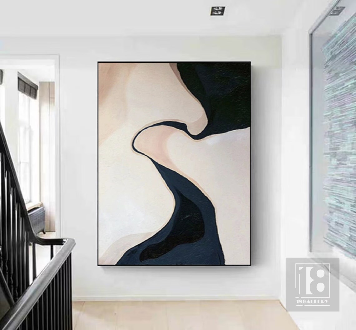 Navy Blue Flowing Wave on Ivory Minimalist Abstract Painting Poster - Image 2