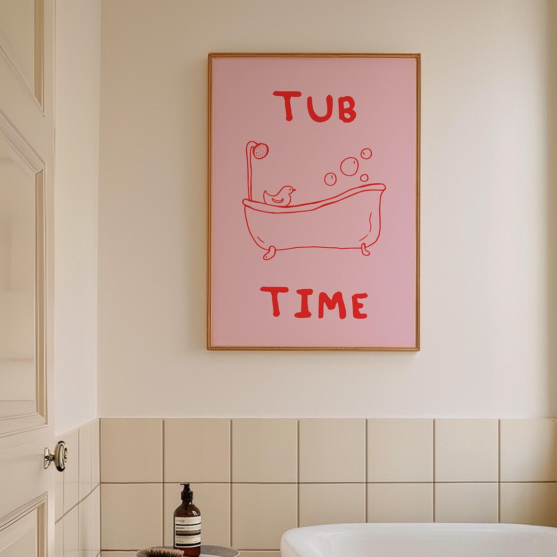 Tub Time Pink Bathtub Rubber Duck Bubbles Cute Bathroom Quote Poster