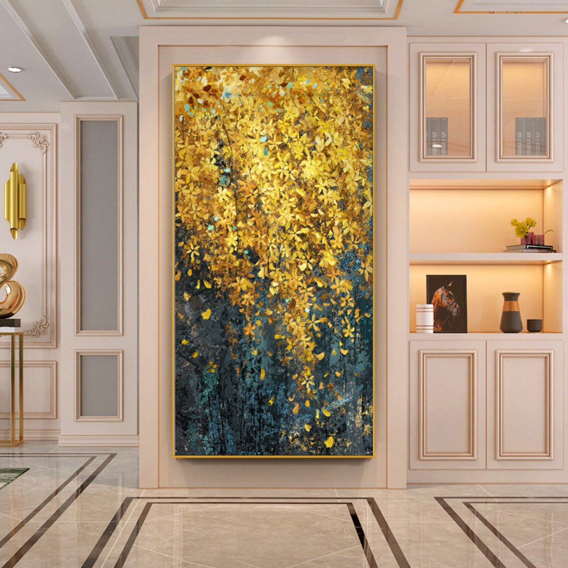 Yellow Bloom Abstract Oil Painting, Dark Turquoise