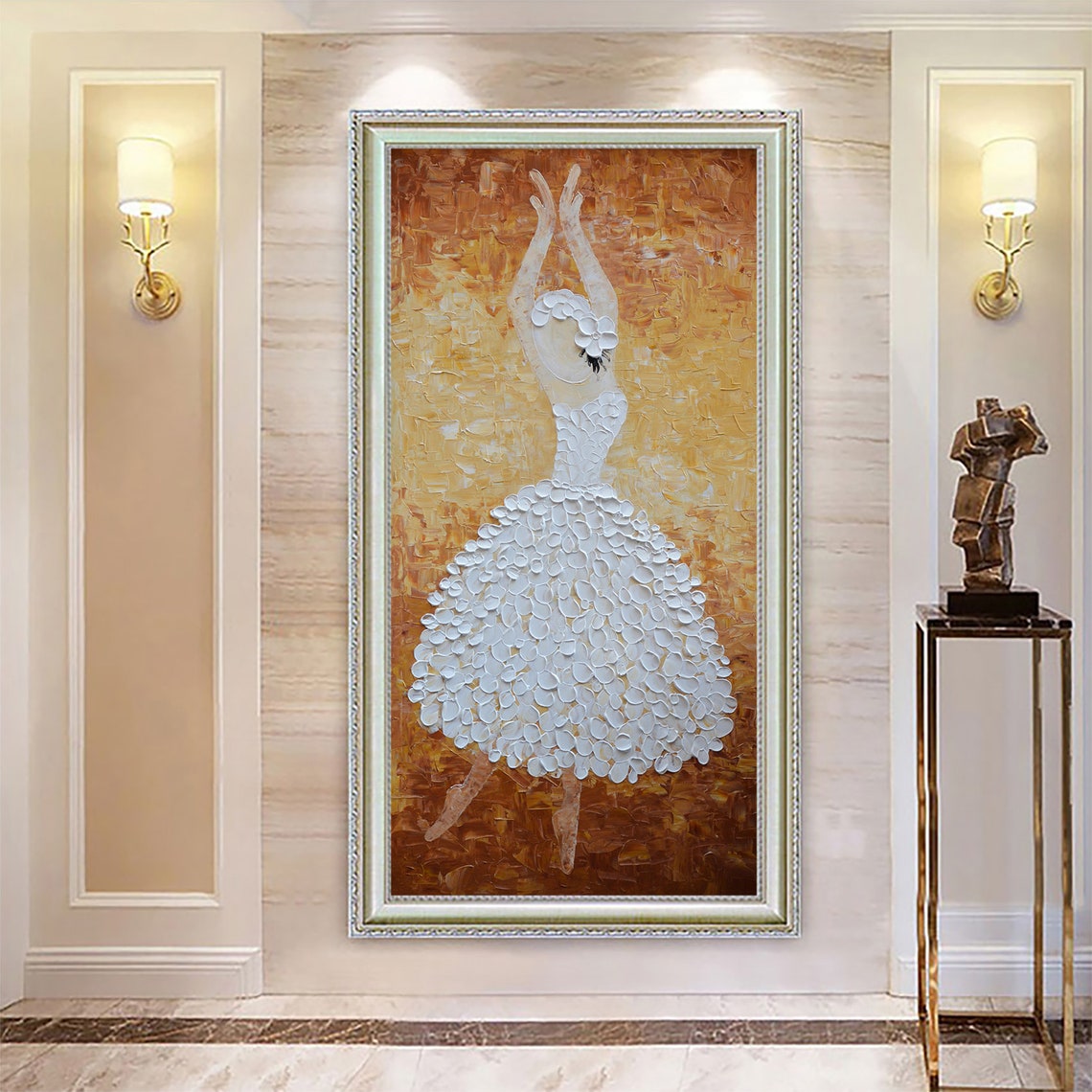 Hand Painted White Brown Dancing Ballerina Painting Wall Art Picture Living Room Home Decor Thick Palette Knife Oil Painting By Lisa - Image 3