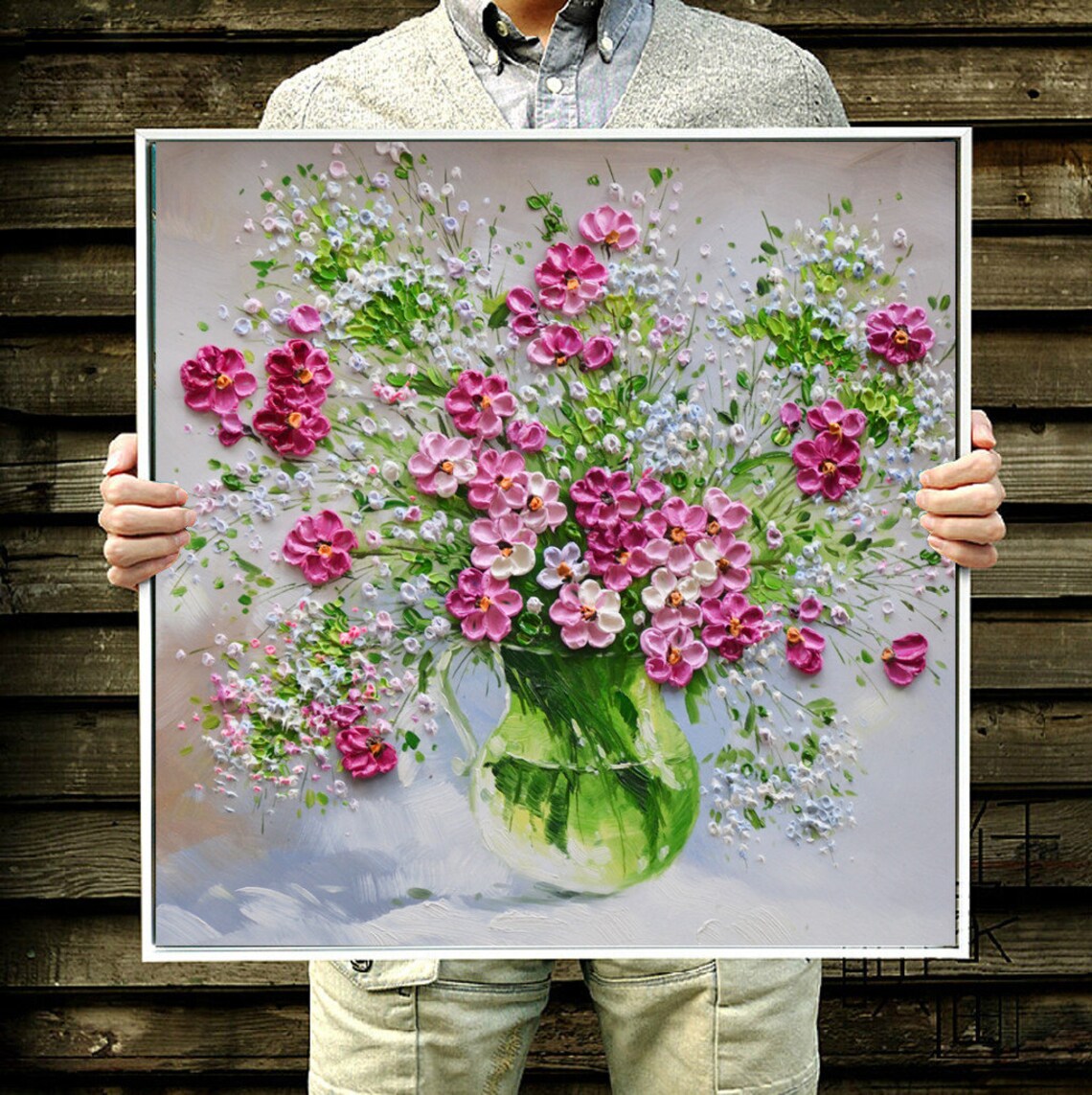 Pink Wildflowers Green Vase Impasto Floral Oil Painting Wall Art