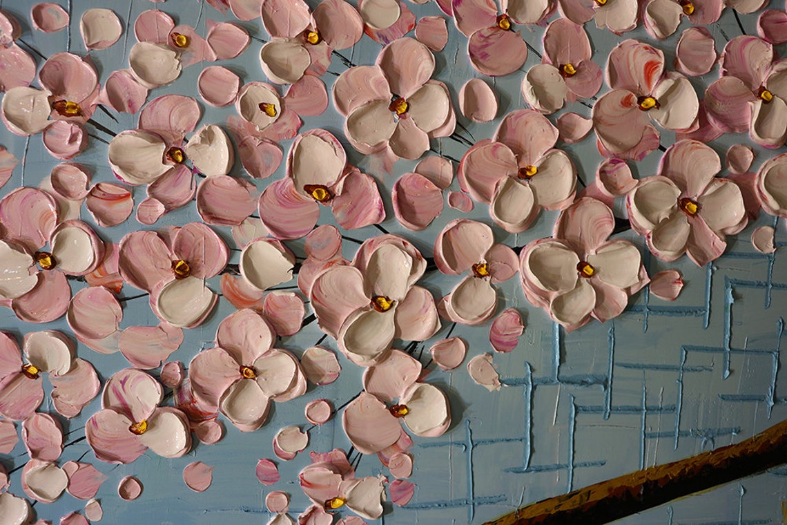 Soft Pink Cherry Blossom Branch On Pale Blue Oil Paint Poster - Image 2