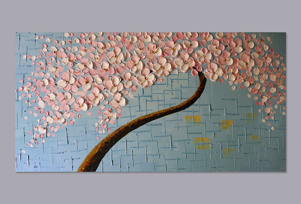 Soft Pink Cherry Blossom Branch On Pale Blue Oil Paint Poster
