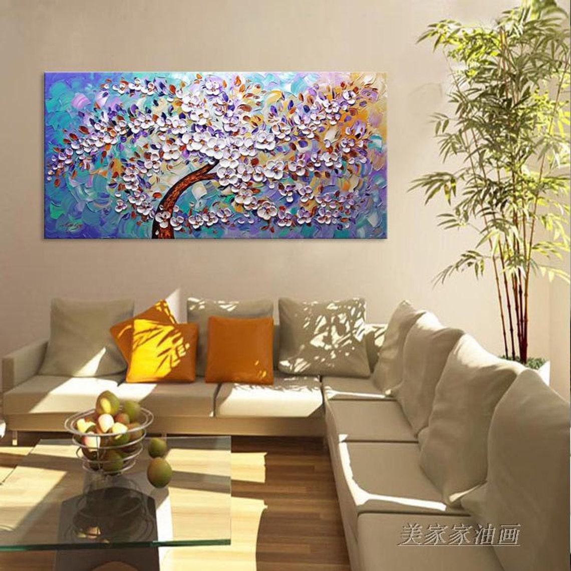 White Purple Blossom Tree On Turquoise Abstract Oil Paint Poster - Image 2