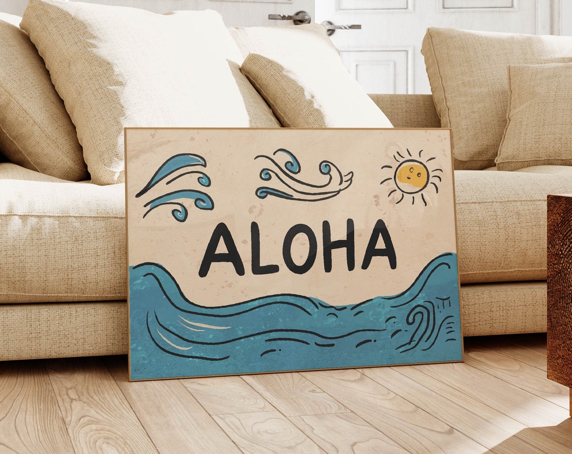 Aloha Hand Drawn Waves With Smiling Sun Tropical Beach Decor Poster