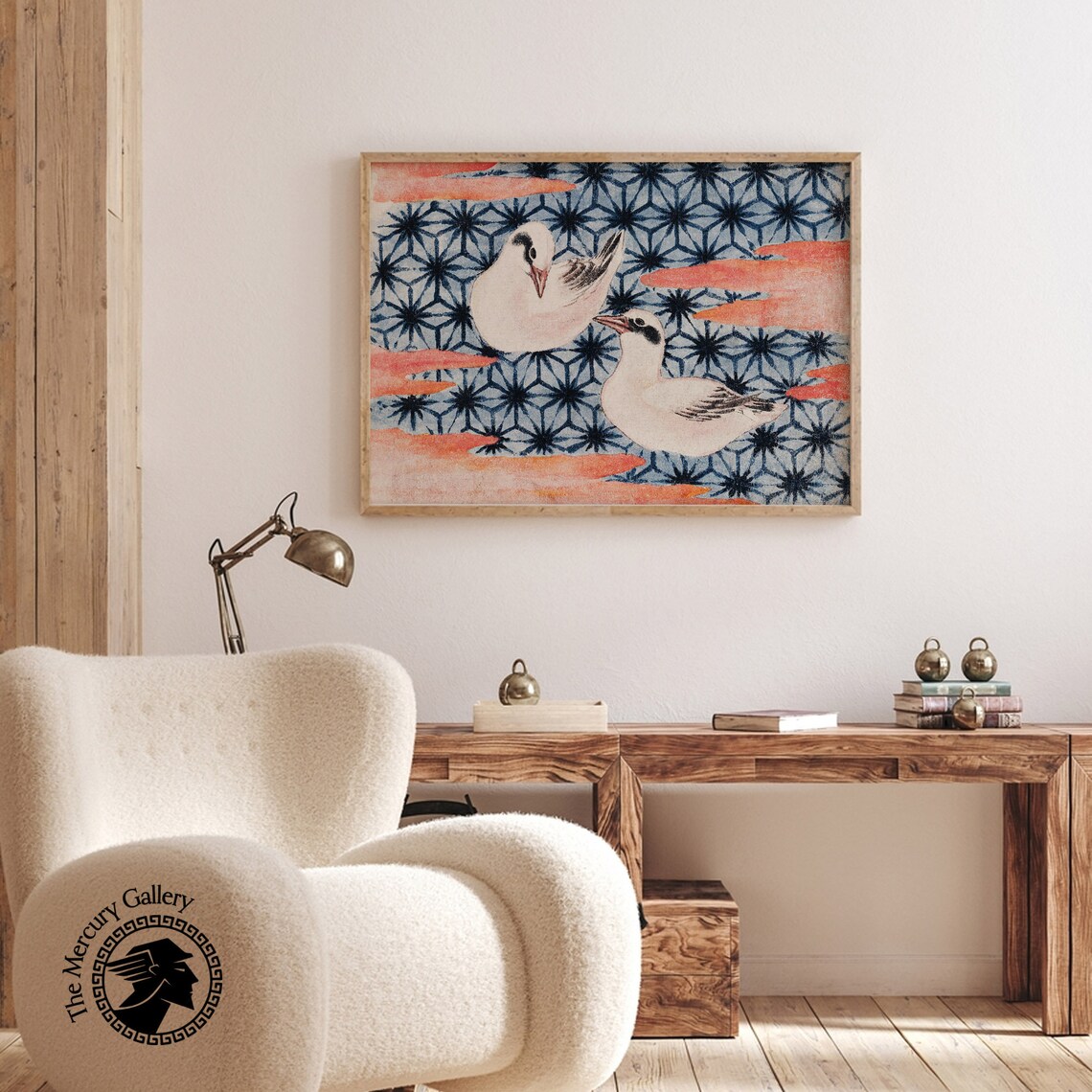 Two White Birds Patterned Sky Vintage Japanese Woodblock Bird Art Poster - Image 3