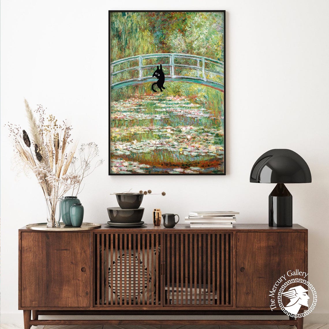 Black Cat Hanging On Monet Water Lily Bridge Funny Cat Lovers Poster - Image 4