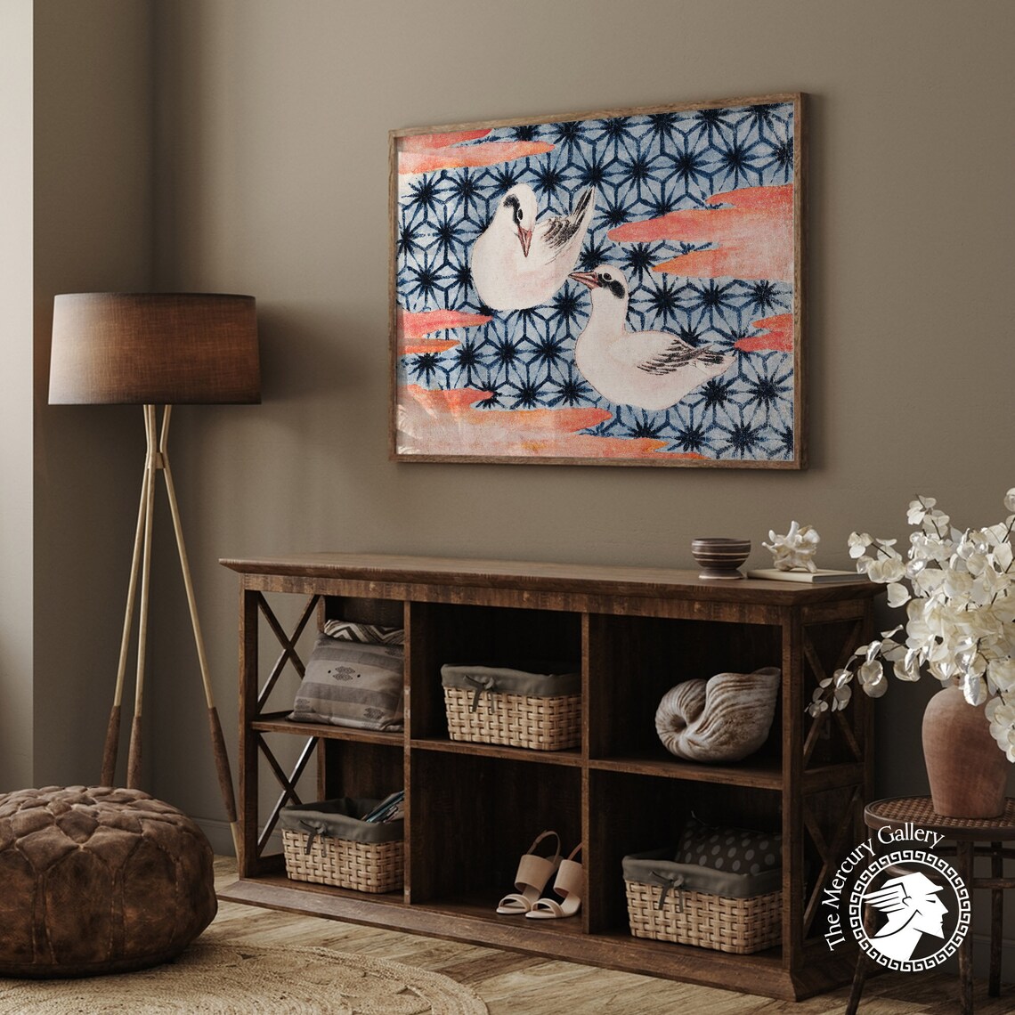 Two White Birds Patterned Sky Vintage Japanese Woodblock Bird Art Poster - Image 2