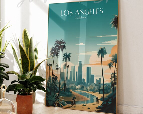 Los Angeles California Skyline Beach Palm Sunset Travel Poster