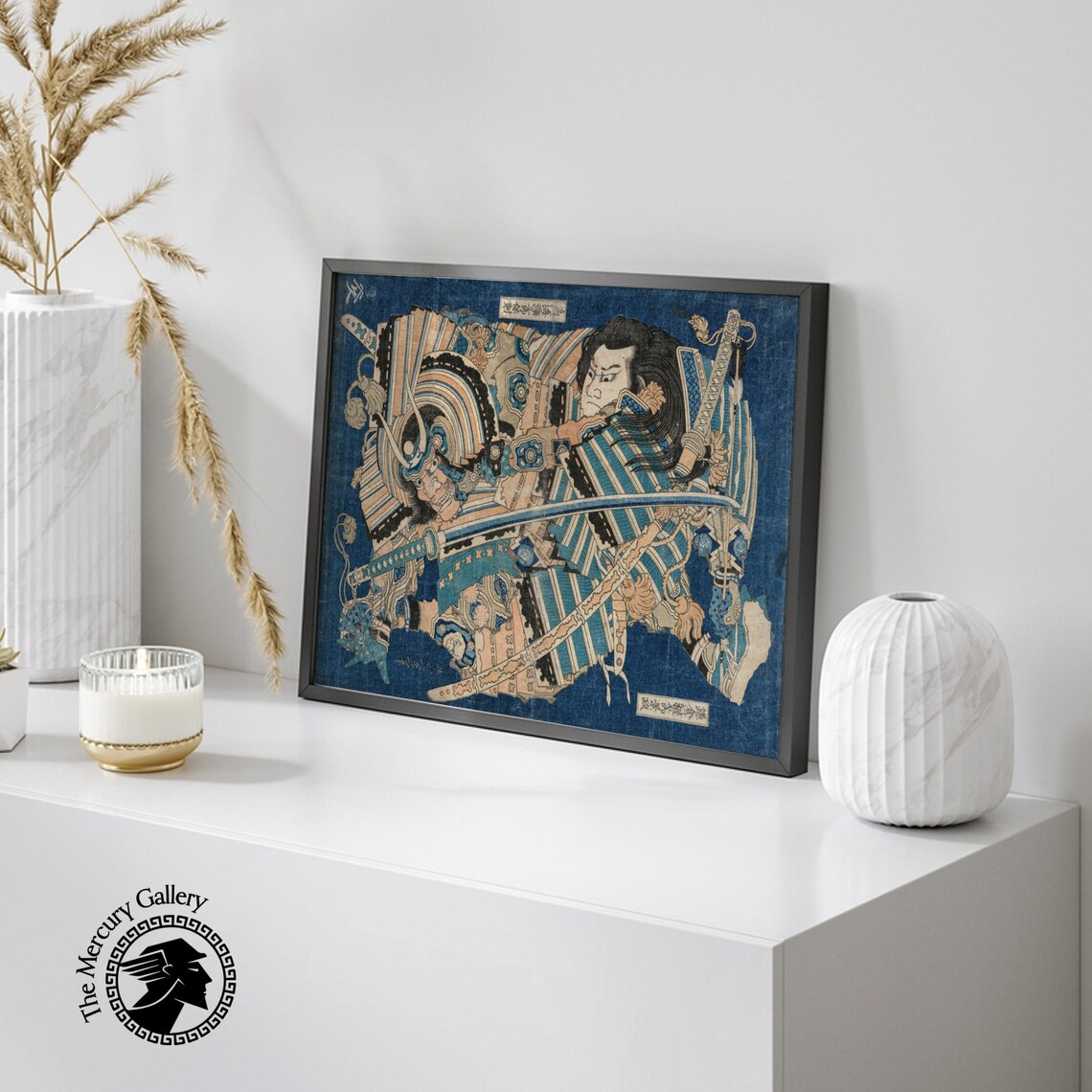 Samurai Warrior Blue Armor Swords Vintage Japanese Woodblock Art Poster - Image 3