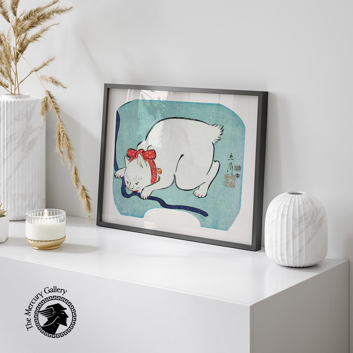 Hiroshige White Cat Playing With String Vintage Japanese Cat Art Print - Image 2
