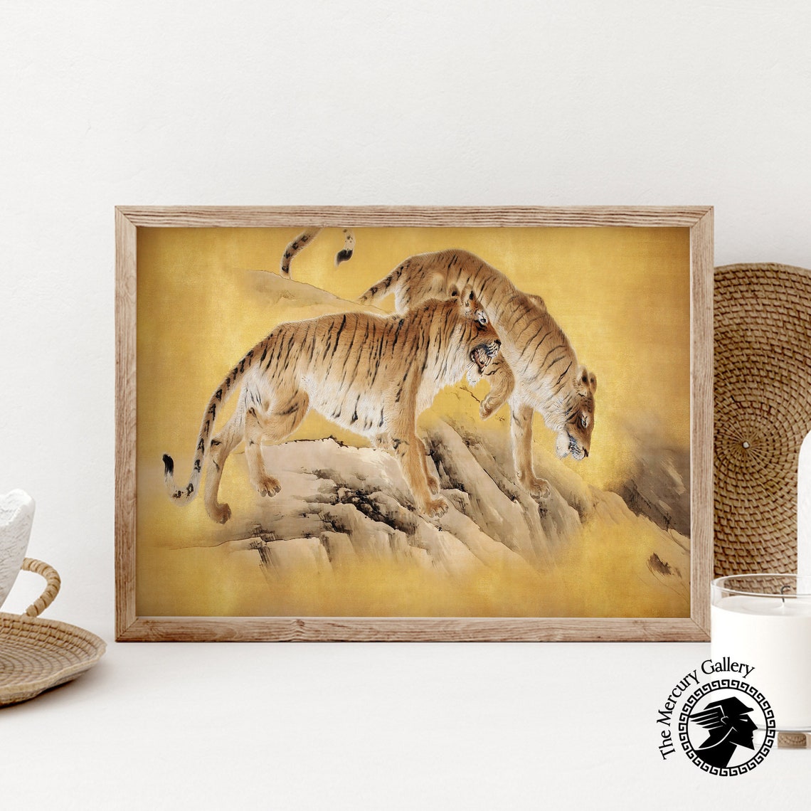 Two Tigers On Gold Leaf Rock Antique Japanese Tiger Wildlife Art Print - Image 6