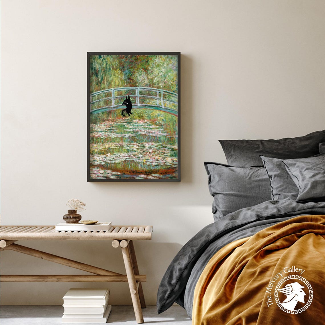Black Cat Hanging On Monet Water Lily Bridge Funny Cat Lovers Poster - Image 2