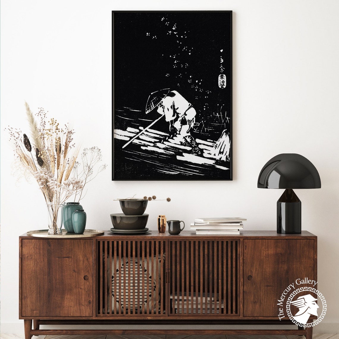 Man Rafting River Monochrome Japanese Woodcut Print Art Poster - Image 6