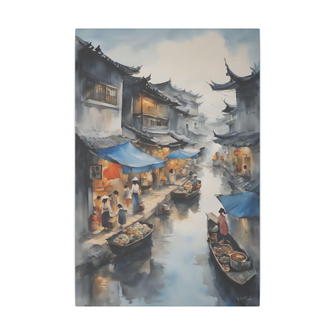 Asian Canal Floating Market Boats Watercolor Historic Town Art Poster