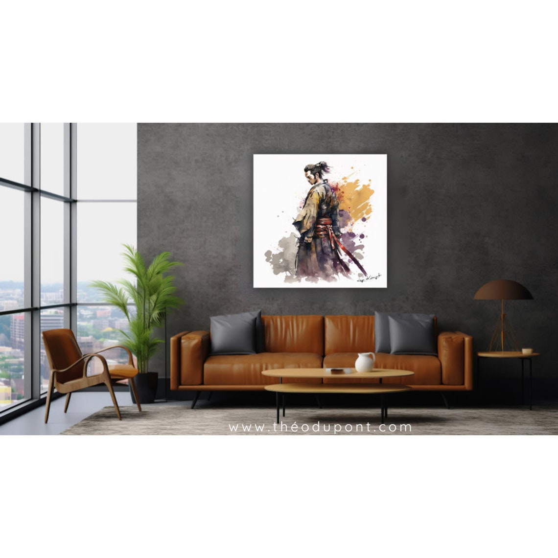 Japanese Samurai Side Profile Kimono Golden Splash Watercolor Poster - Image 2