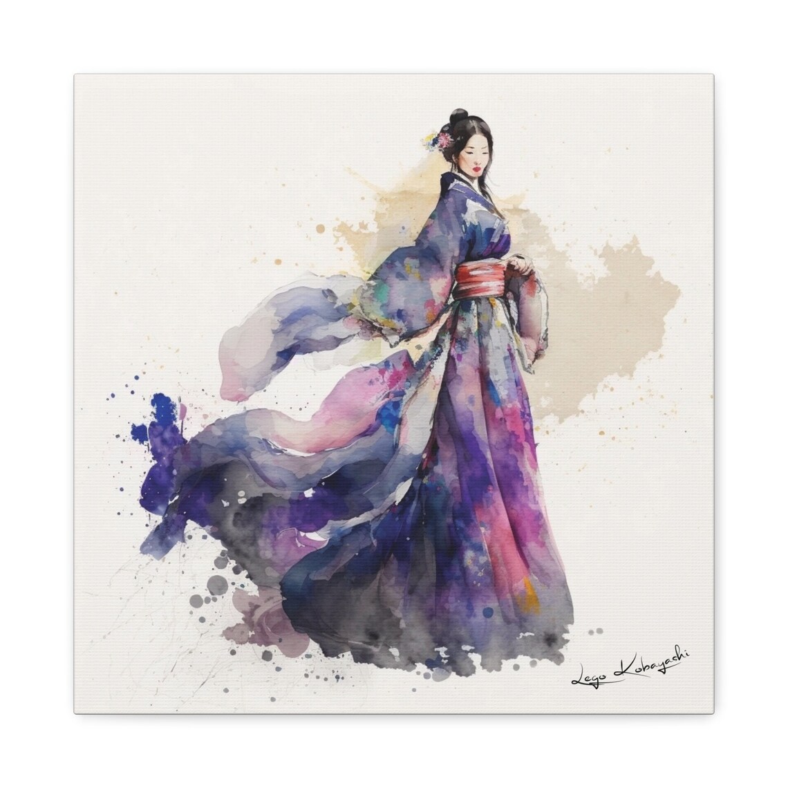 Japanese Geisha Blue Purple Kimono Flowing Silk Watercolor Poster - Image 2