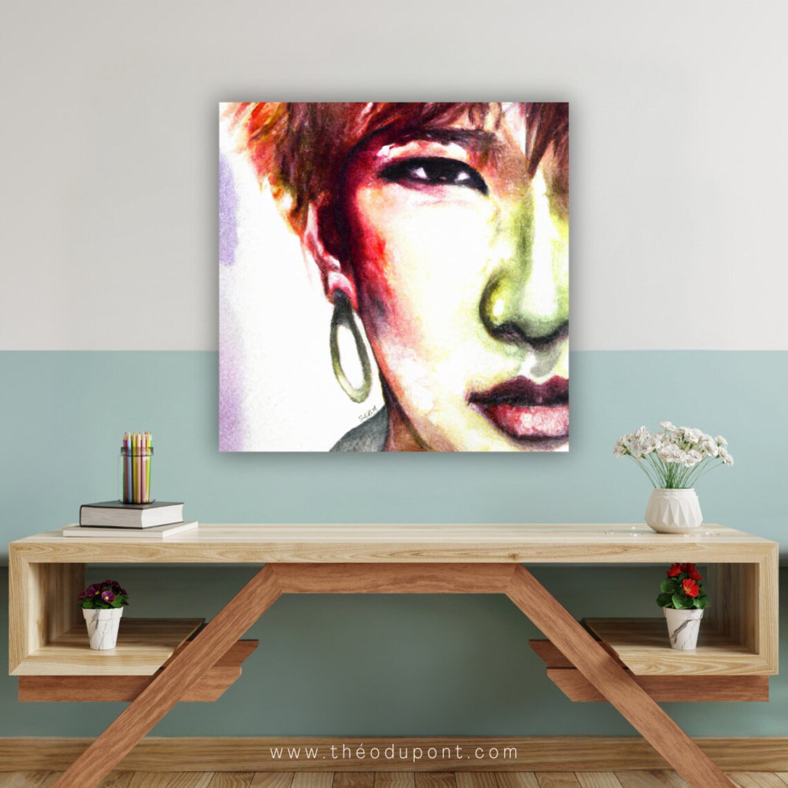 Pop Art Watercolor Winking Woman Red Lips Hoop Earring Portrait Poster - Image 2