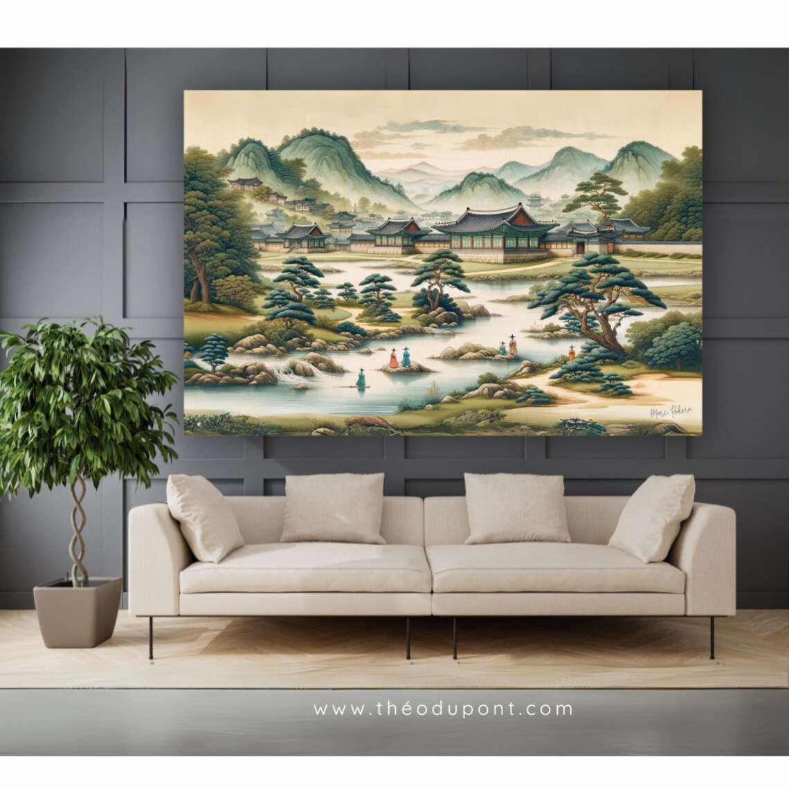 Korean Joseon Village Palace Lake Spring Mountains Hanbok Art Poster - Image 2
