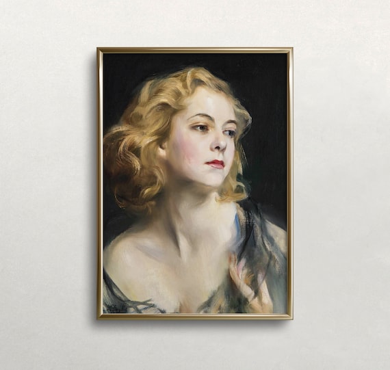 Blonde Woman Red Lips Dark Background Classic Oil Portrait Print