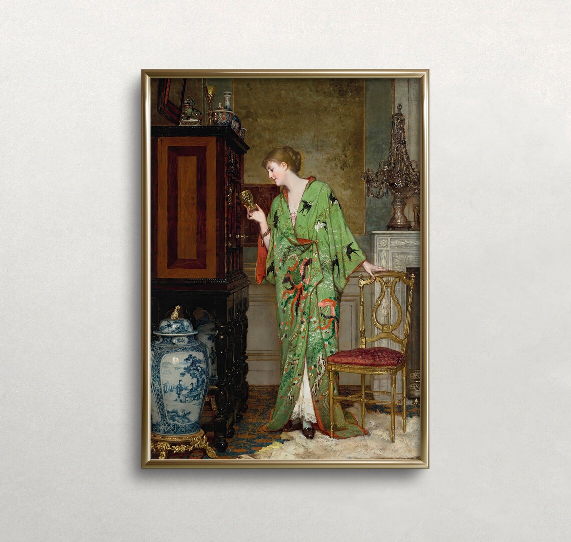 Woman In Green Kimono Antique Room Orientalist Vintage Art Poster