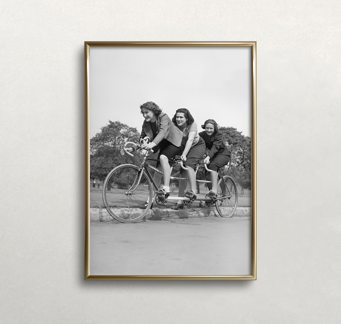 Three Women Tandem Bicycle Vintage Black White Friends Photo Print
