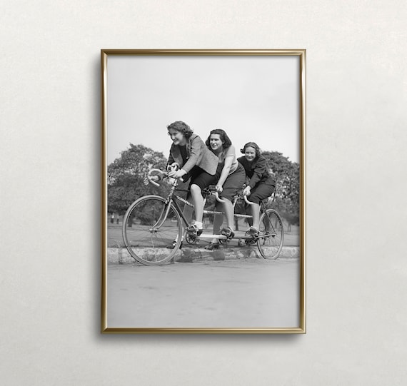 Three Women Tandem Bicycle Vintage Black White Friends Photo Print