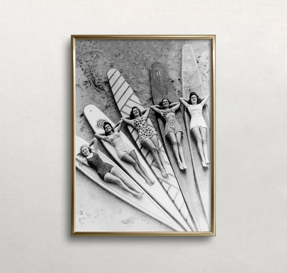 Surfer Girls Vintage Art Print, Black and White Beach