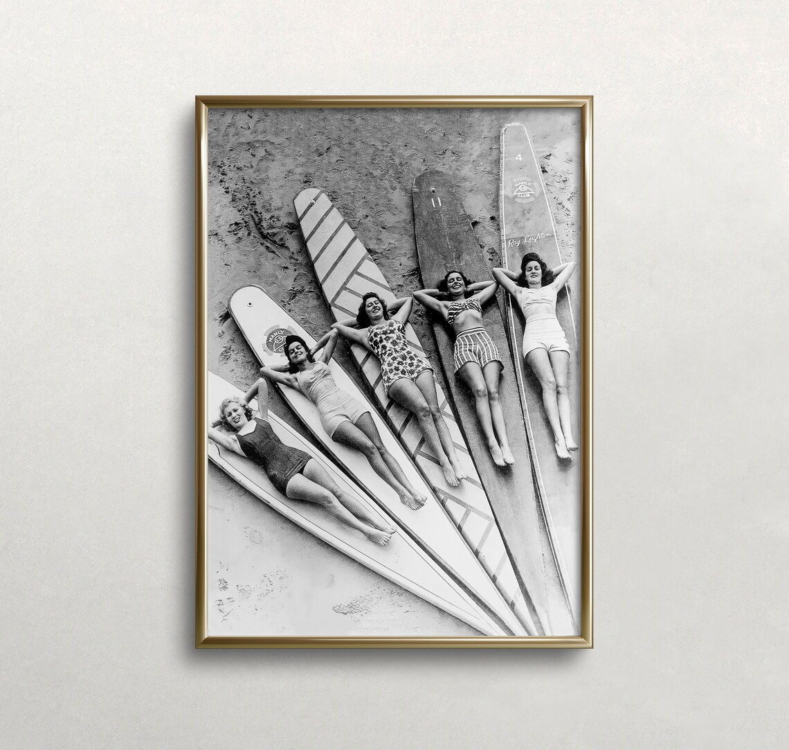 Surfer Girls Vintage Art Print, Black and White Beach