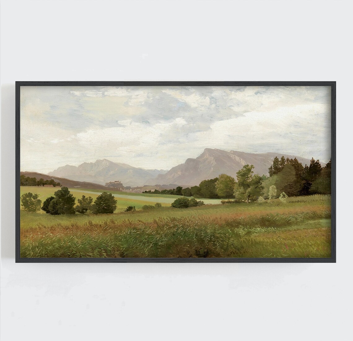 Vintage Mountain Valley Meadow Oil Painting Landscape Art Print - Image 2