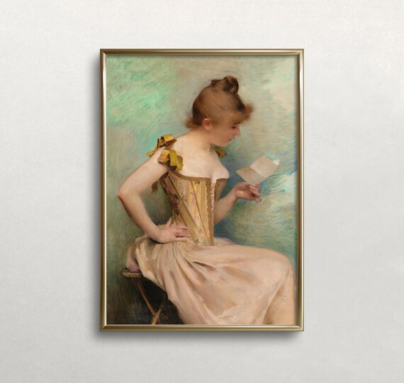 Woman Reading Letter in Corset Dress Soft Pastel Vintage Portrait Poster