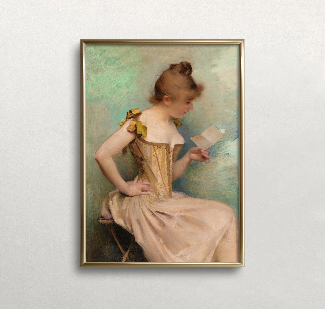 Woman Reading Letter in Corset Dress Soft Pastel Vintage Portrait Poster