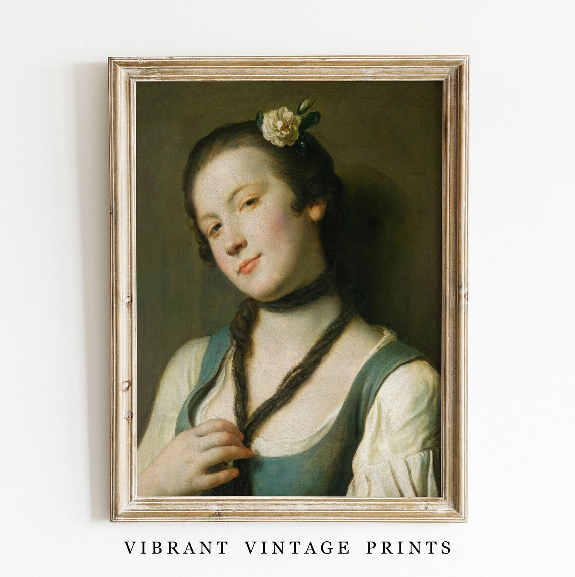 Vintage Woman Portrait with Flower, Neutral Art Print