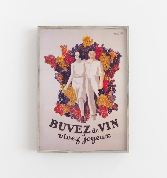 Buvez du Vin Vintage French Wine Grape Harvest Couple Ad Art Print