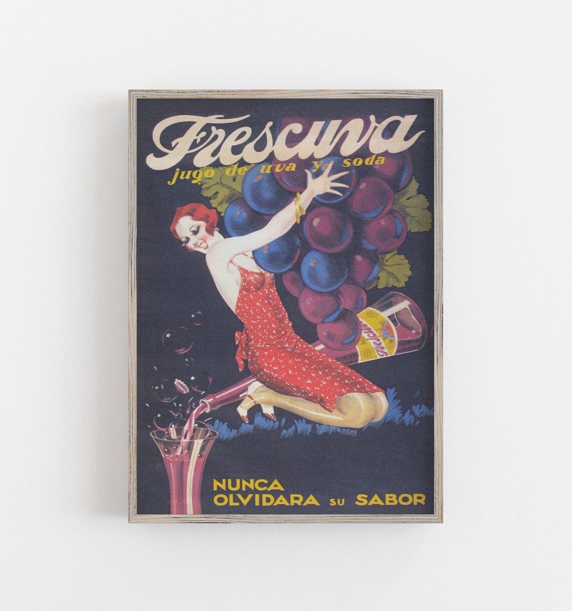 Frescuva Grape Soda Vintage Spanish Advertising Poster Woman Red Dress