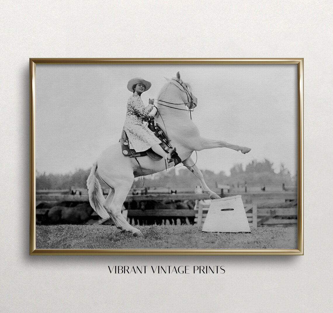Cowgirl Black and White Vintage Horse Art Print