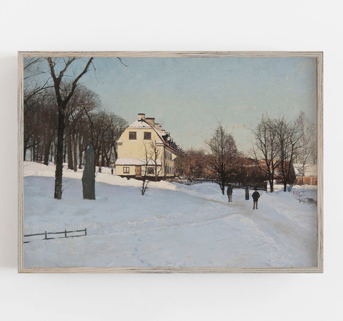 Grand Manor House in Snowy Park Vintage Scandinavian Winter Art Print