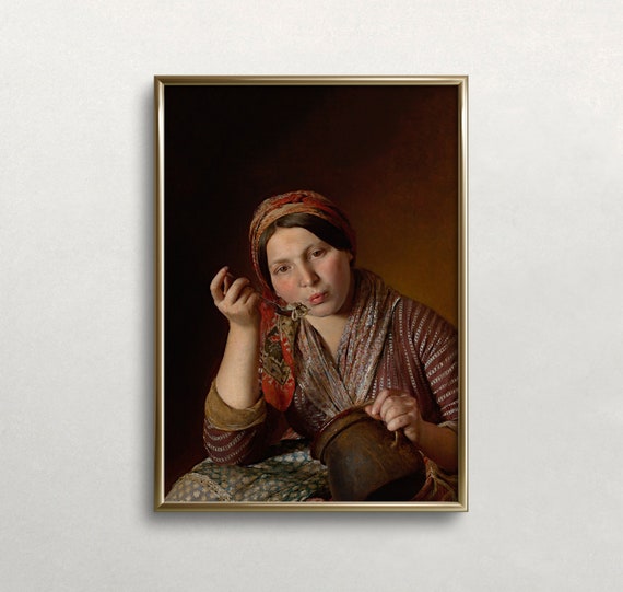 Woman Eating Pasta Vintage Wall Art Moody Wall Art Noodles Art Foodie Wall Art Woman Portrait Antique Decor Wall Art 255