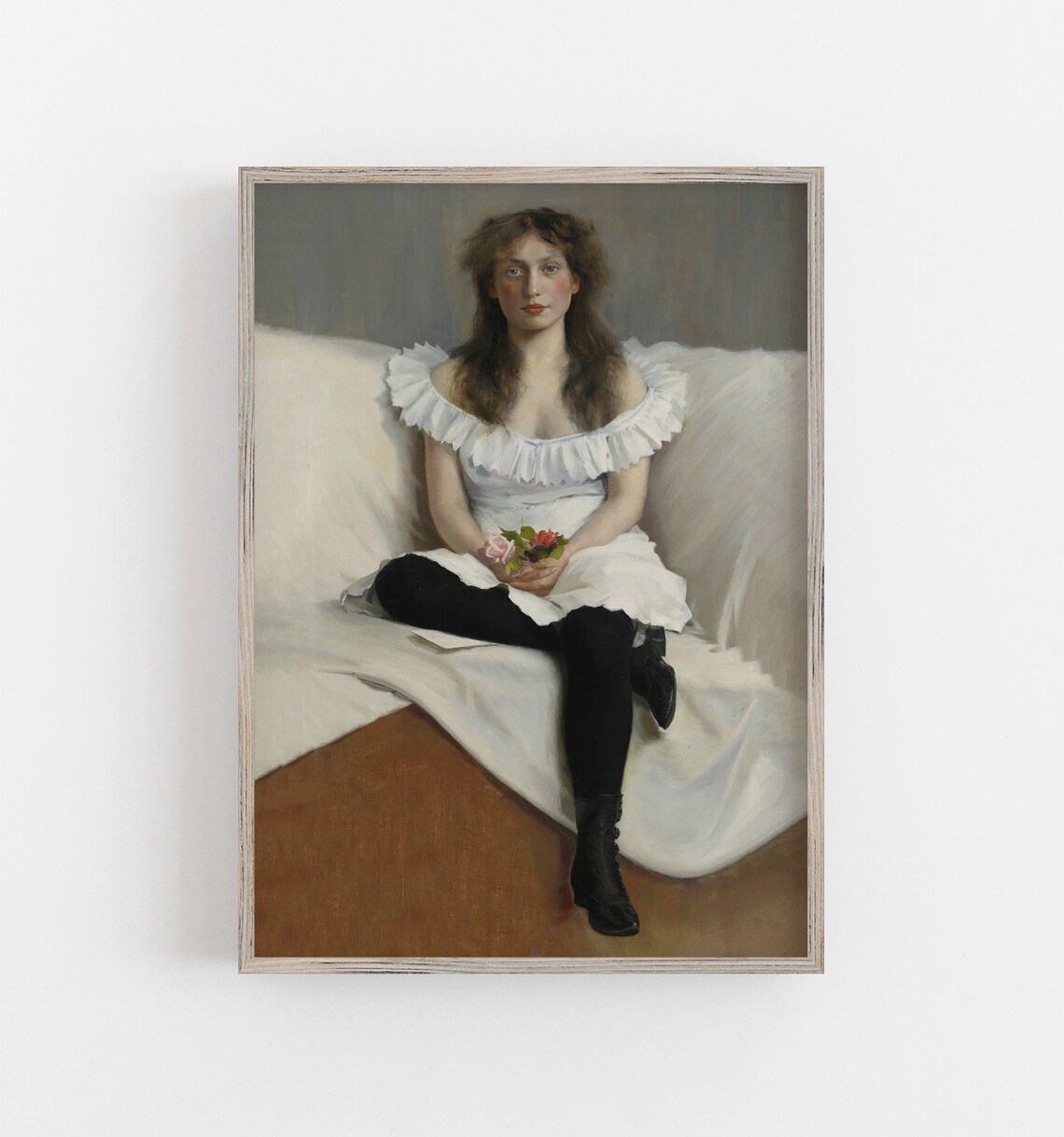 Young Woman in White Dress with Roses Seated Vintage Portrait Poster - Image 2